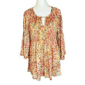 Spense Women’s Petite L Pleater Top Watercolor Swirl Print Flowy 3/4 Bell Sleeve